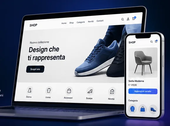 Mockup di un e-commerce moderno visualizzato su notebook e smartphone